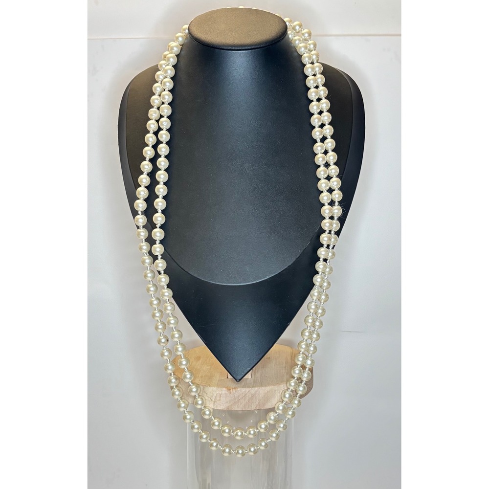 Vintage Glass Faux Pearl Flapper Necklace 60 Inch Hand Knotted Long Opera Strand